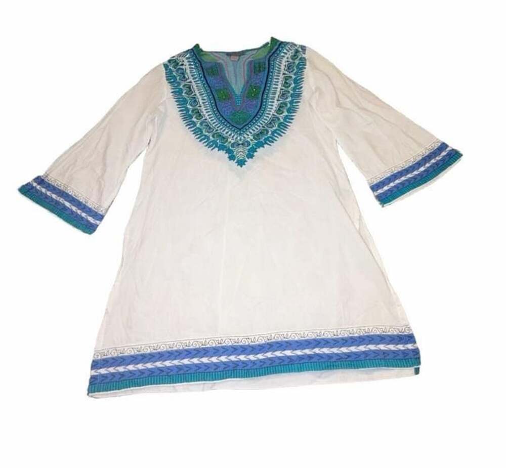 Peppermint Bay Cotton Dashiki Tunic Dress M Blue Green Boho